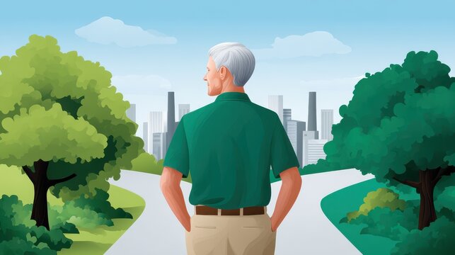 Illustration art of an elderly person standing at a forked road, reflecting life decisions and inner contemplation.