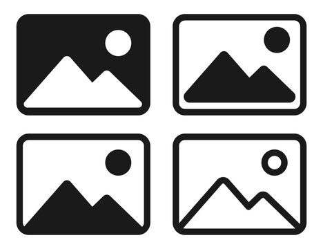 Set of black and white image icons showing mountain and sun. Minimalist photo placeholder symbols with picture outline. Collection of photo icons for image preview or gallery interface.