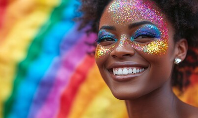 Candid carefree happy young Black lesbian woman celebrating gay pride LGBTQ festival with glitter  makeup paint. Copy space, Generative AI