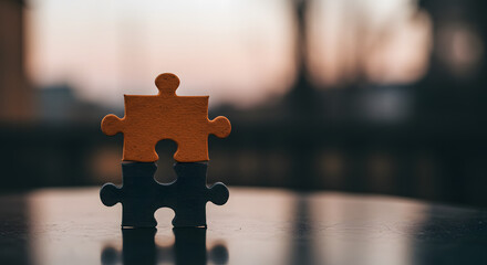 Two puzzle pieces connected together on a reflective surface