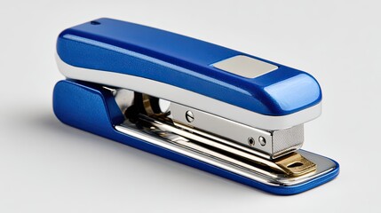Sleek blue office stapler, metallic accents, modern design, isolated background.