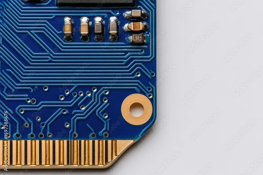 Poster high-resolution close-up of a meticulously designed circuit board featuring intricate metallic compo