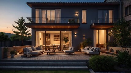 Obraz premium Evening terrace house scene with cozy interior lights and starry sky