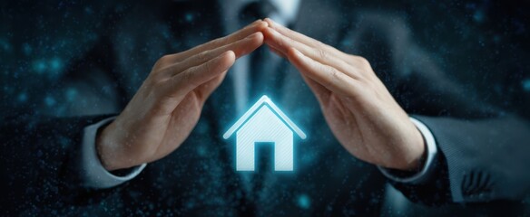 The hands protecting a digital home icon representing real estate security and investment.