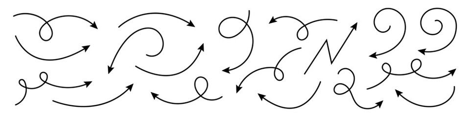 Curved or Twisted Hand Drawn Arrows. Collection of Doodle Arrows.