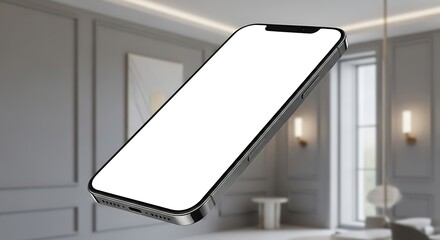 Sleek frameless smartphone with blank white screen floats in a modern interior scene.