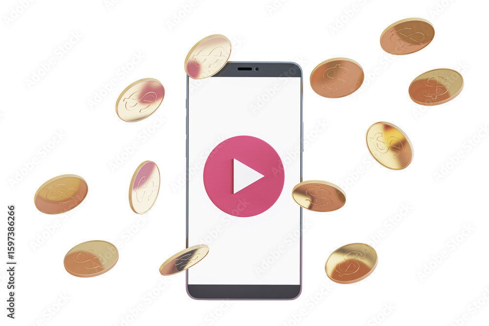 Poster smartphone with large play button on display surrounded by floating golden coins, isolated on white 