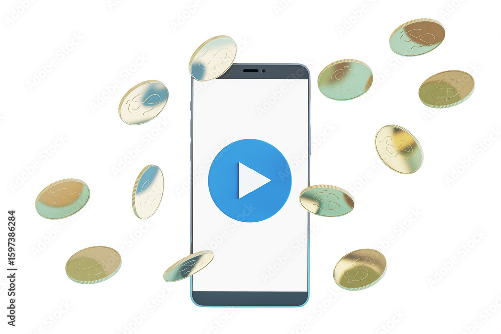Poster smartphone with play icon and floating coins in clean 3d rendering style on isolated white backgroun