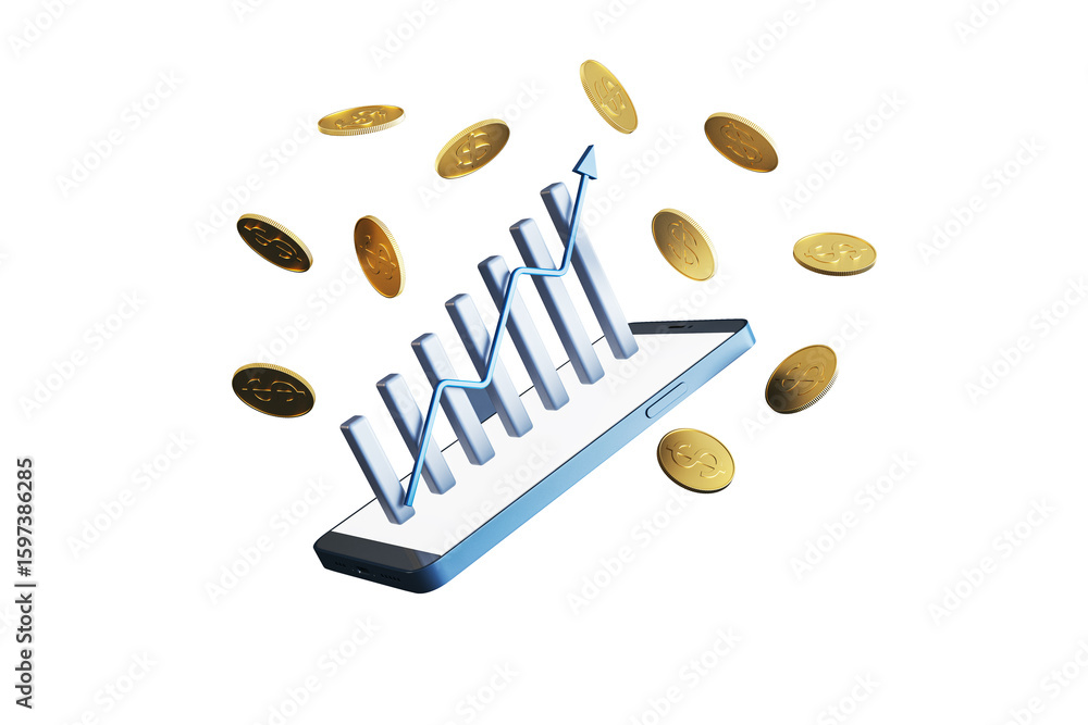 Poster smartphone with 3d bar chart and arrow emerging from screen, surrounded by floating coins on white b