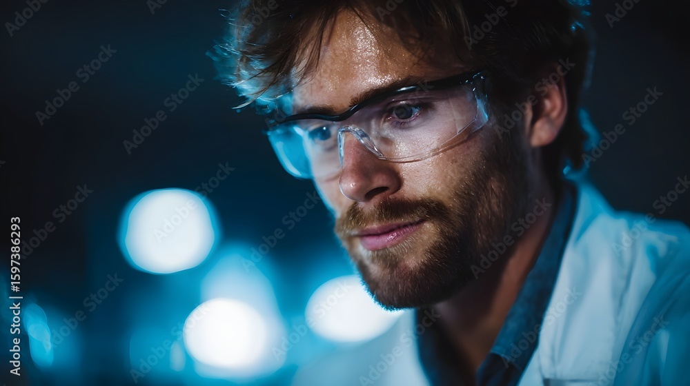 Poster a scientist tests a solar battery in a laboratory setting long title a focused serious looking scien
