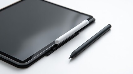 Sleek black tablet with attached and detached stylus pens on white background.