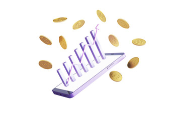 Smartphone with bar chart and upward arrow surrounded by gold coins, 3D Rendering, isolated on white background, concept of fintech growth