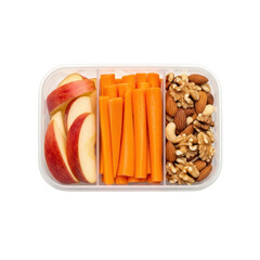 A clear, divided container holds a healthy snack of apple slices, carrot sticks, and mixed nuts, perfect for on the go nutrition.