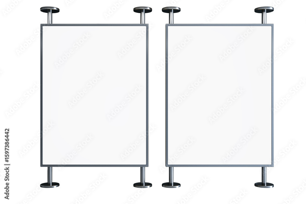 Poster two empty vertical display boards with metal frames and pole supports, isolated on white background.