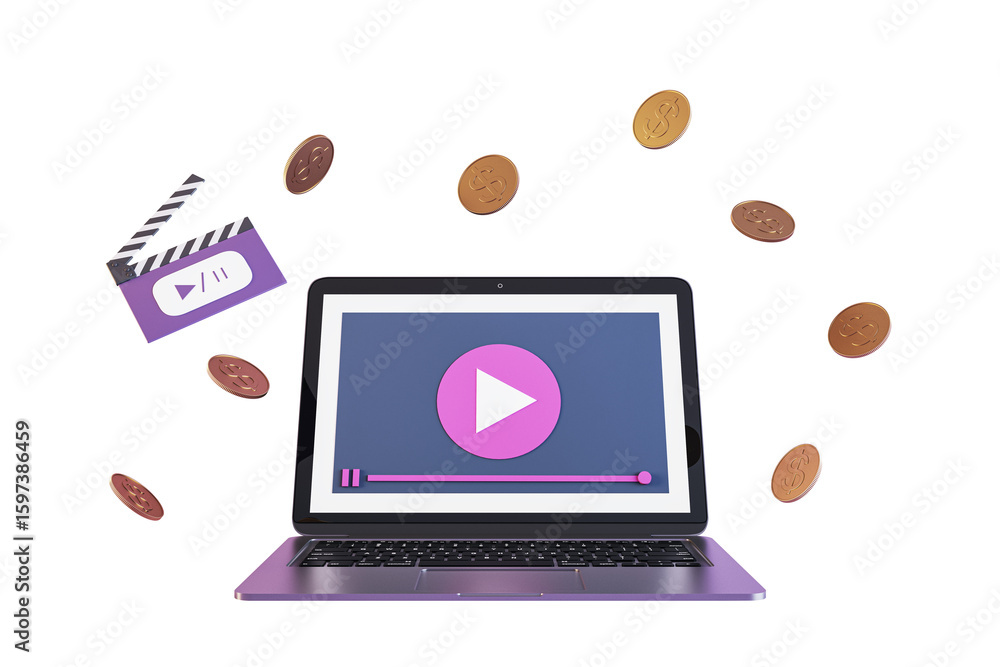 Poster purple laptop with video player screen, flying coins, and clapperboard in clean 3d rendering style o