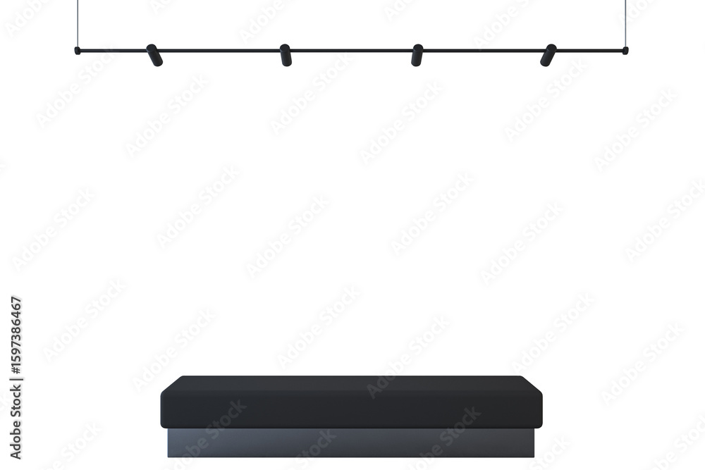 Poster black rectangular platform with overhead spotlights, isolated on white background, clean layout for 