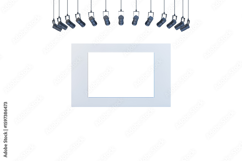 Poster blank frame with empty space under ceiling lamps, isolated on white background, front view layout fo