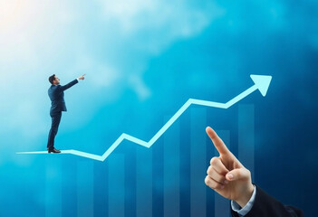 Mão indicando para uma seta em crescimento. Conceito de negócios de sucesso.