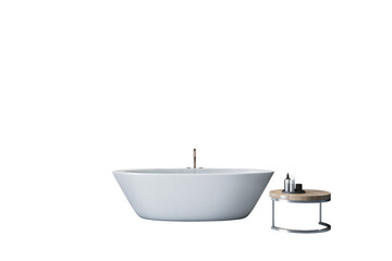 Freestanding bathtub with faucet and round wood side table with toiletries, minimalistic style, isolated on white background. 3D Rendering