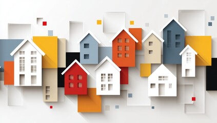 Colorful papercut houses on abstract geometric background