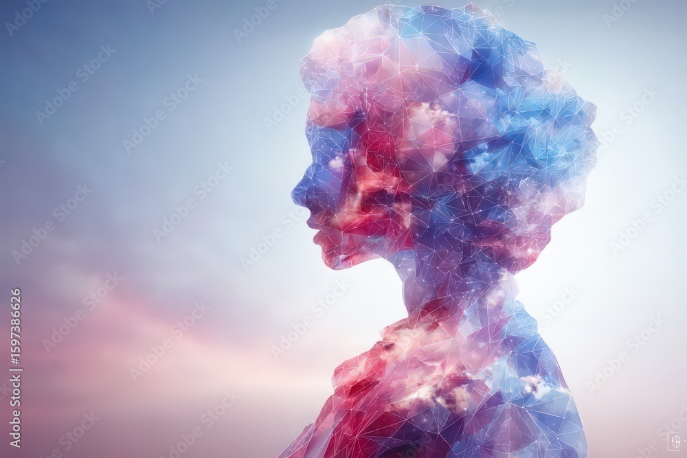 Poster the ethereal representation of human identity illuminated by intricate polygons reflecting celestial