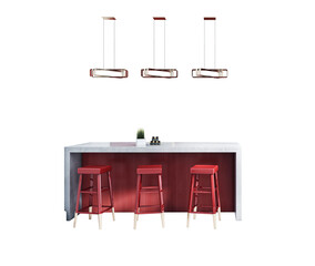 Contemporary bar counter with red stools and pendant lights in clean style, isolated on white background. Concept of kitchen or bar area. 3D Rendering