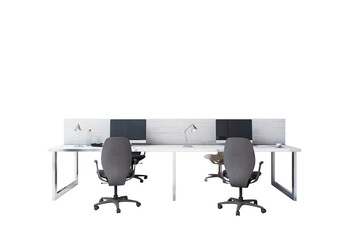 Shared modern office desk with four swivel chairs, desktop computers, and lamps on a clean white background. Concept of corporate workspace. 3D Rendering