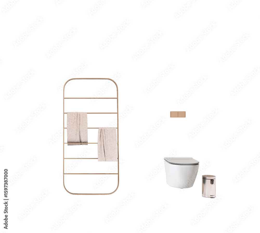 Poster modern toilet setup with towel rack, soft towels, flush button, and bin in minimalist style isolated