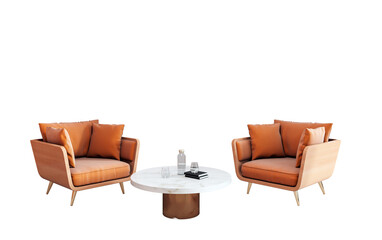 Modern wooden armchairs with orange cushions paired with a round marble coffee table and decor items, isolated on white background. 3D Rendering