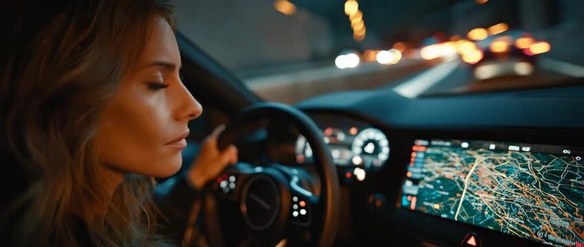 A side view of a woman driving a contemporary vehicle and using the screen's navigation