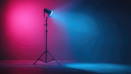 Studio spotlight bathed in vibrant pink and blue hues