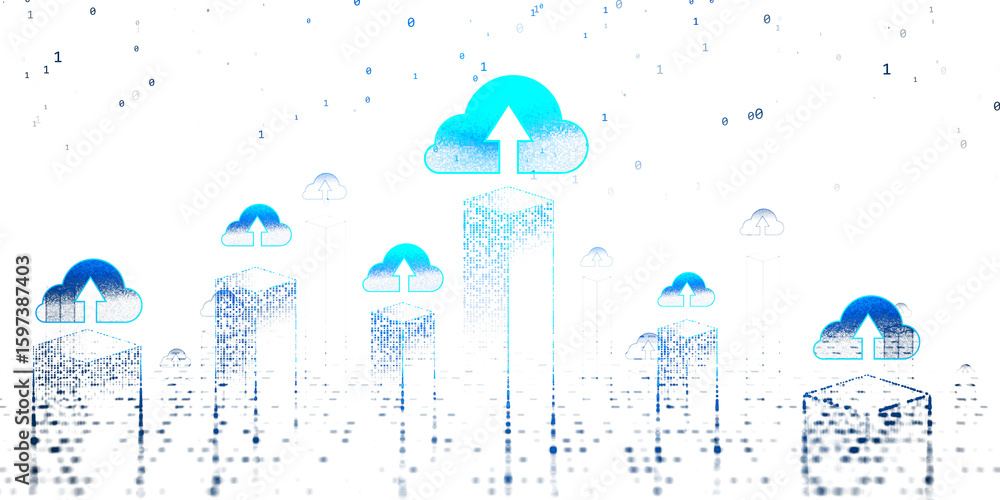 Poster Cloud icons with upload arrows above abstract digital blocks, pixelated style on white background. Concept of modern cloud computing and storage. 3D Rendering