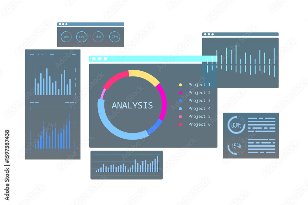 Poster data analysis interface elements including charts, graphs, and a circular report on white background