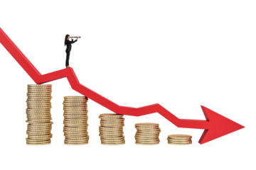 Woman in business attire on red downward arrow over coin stacks, isolated on white background. Concept of financial crisis and market decline