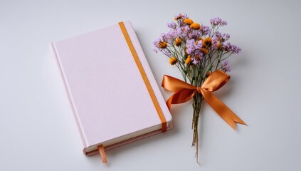 Pink notebook with orange ribbon, flowers