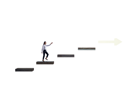 Woman climbing staircase steps on white background, isolated layout showing business growth, goal direction and career achievement concept
