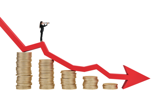 Woman in business attire on red downward arrow over coin stacks, isolated on white background. Concept of financial crisis and market decline