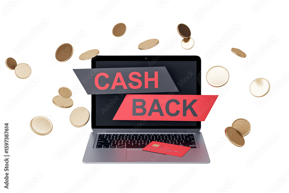 Fototapete laptop computer with cashback text on screen, falling coins and credit card, isolated graphic style 