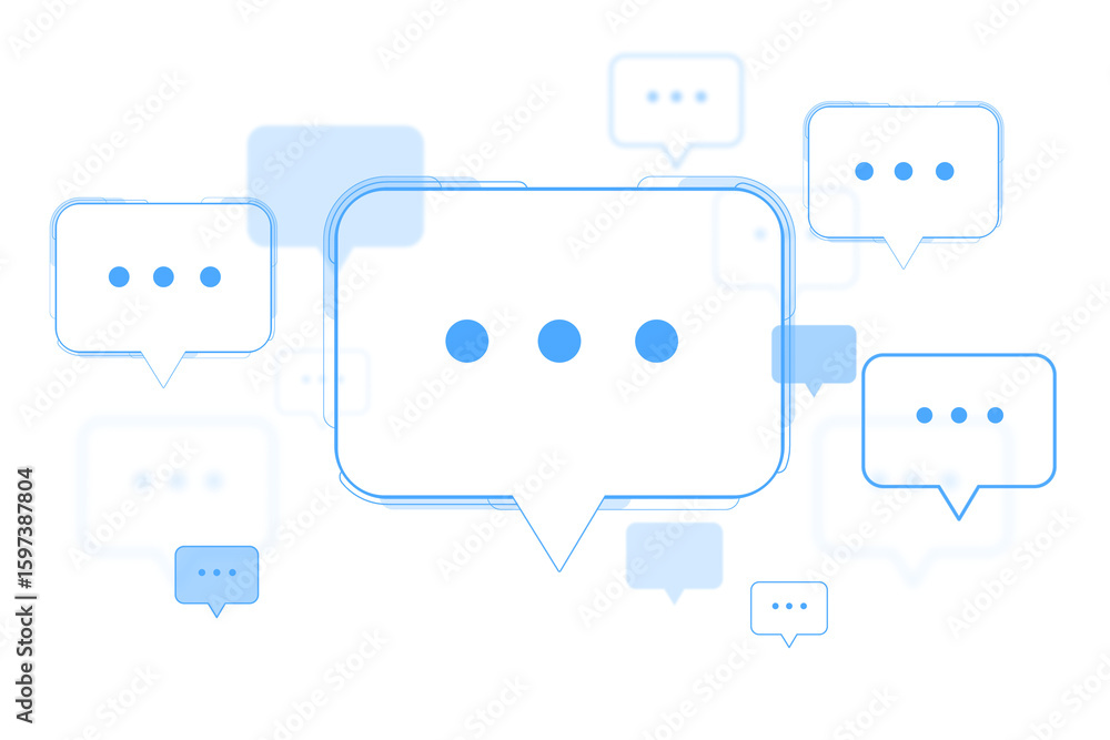 Fototapete blue outlined speech bubbles with ellipses in various sizes, modern style on white background. conce