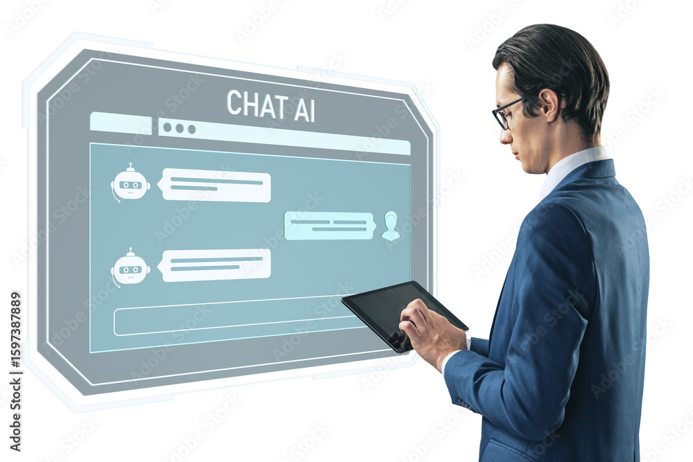 Poster businessman using digital tablet interacting with futuristic chatbot interface, modern style on whit