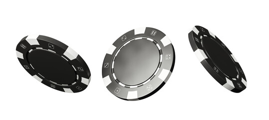 Black and white casino poker chips in floating positions, 3D Rendering style, isolated on white background, concept of gambling layout element