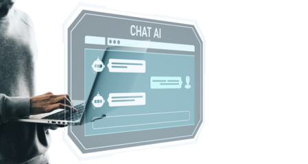 Person typing on laptop next to transparent AI chatbot interface, minimal style on white background, concept of assistant and technology