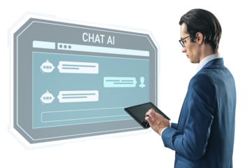 Businessman using digital tablet interacting with futuristic chatbot interface, modern style on white background, concept of AI and technology