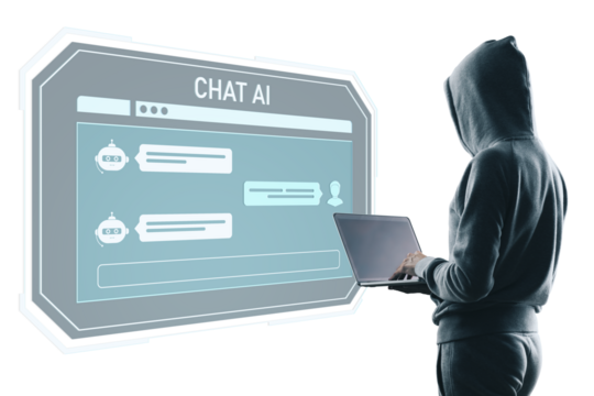 Person in hoodie using laptop with futuristic chat AI screen interface, isolated on white background, concept of artificial intelligence