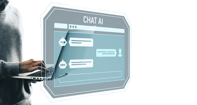 Person typing on laptop next to transparent AI chatbot interface, minimal style on white background, concept of assistant and technology