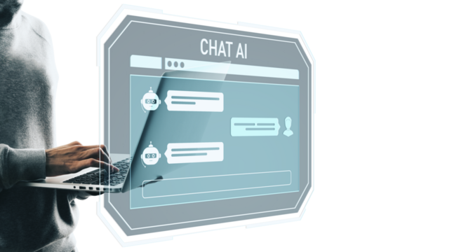 Person typing on laptop next to transparent AI chatbot interface, minimal style on white background, concept of assistant and technology