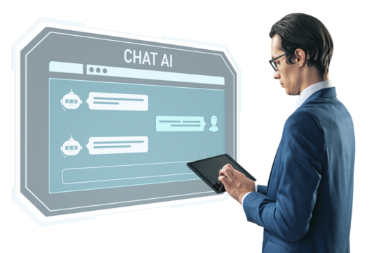 Businessman using digital tablet interacting with futuristic chatbot interface, modern style on white background, concept of AI and technology - Powered by Adobe