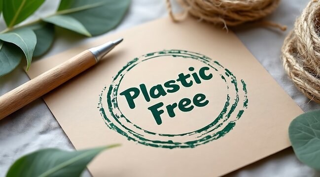 Eco friendly message on recycled paper with natural elements and a pencil signifying sustainable living