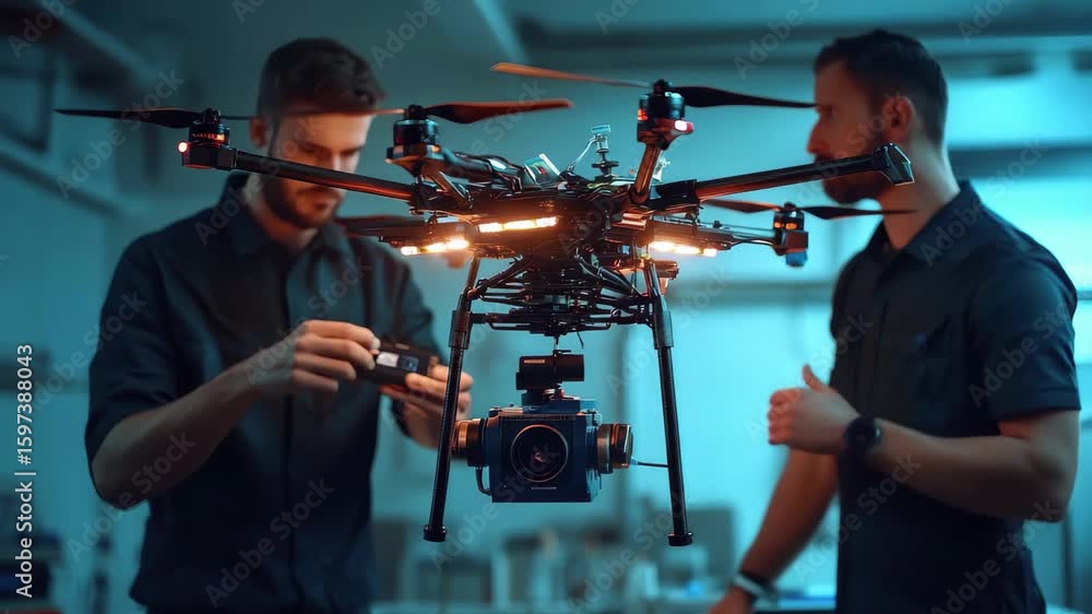 Aufkleber engineers working on a drone in a workshop, testing components and preparing for flight