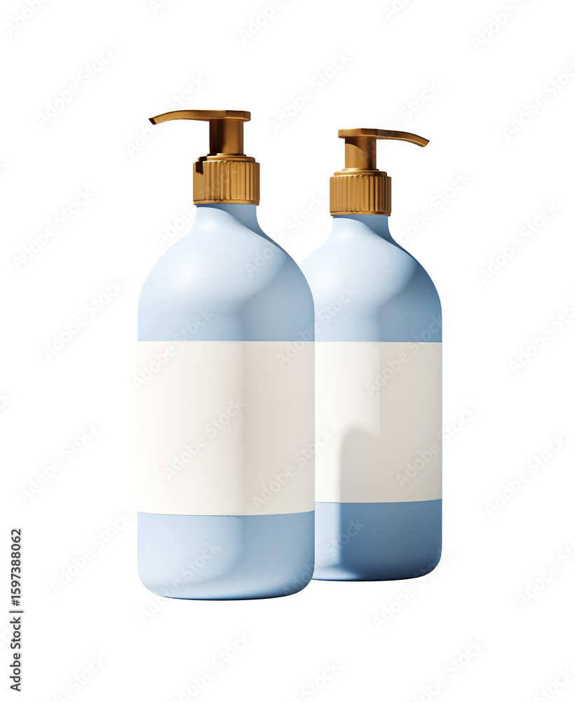 Fototapete two blue pump dispenser bottles with blank labels isolated on white background. 3d rendering. produc